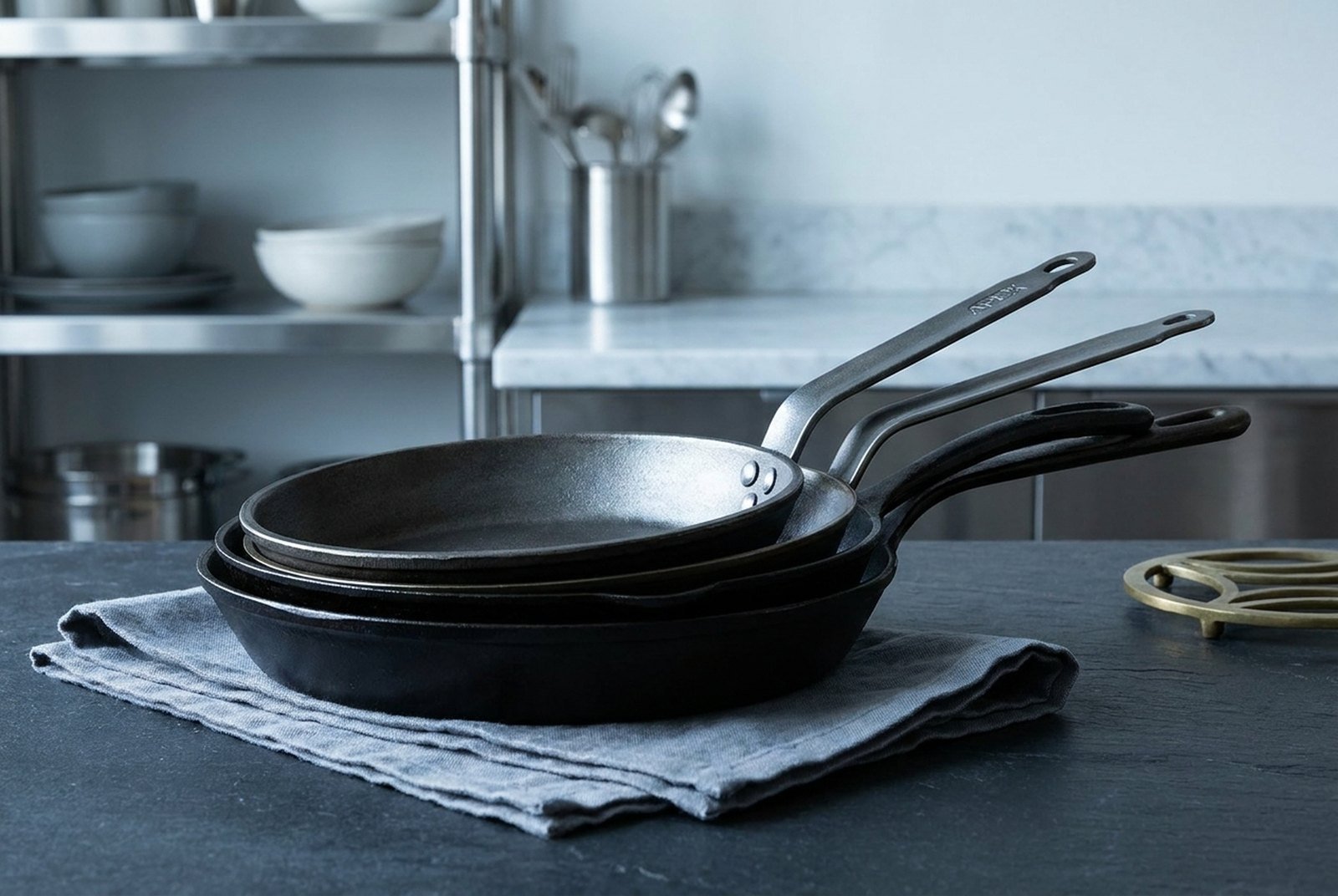 Stacked cast-iron and carbon-steel skillets on slate