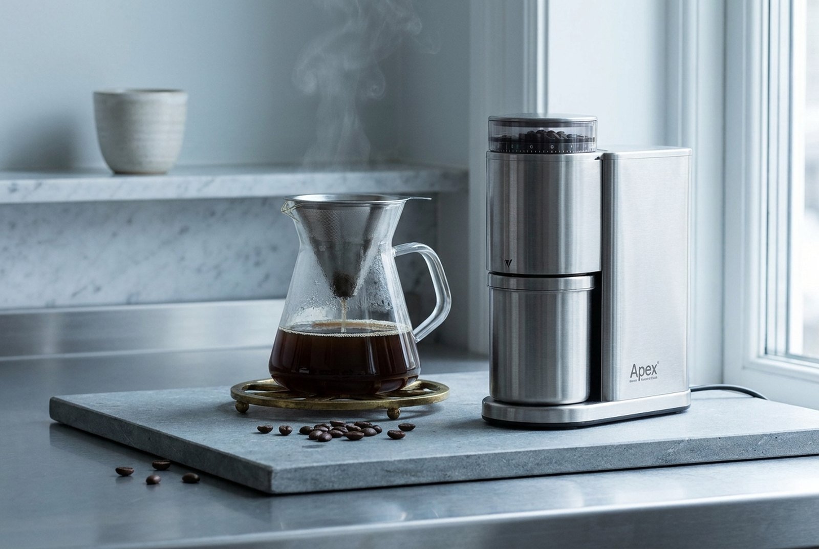 Burr grinder and glass pour-over on a brushed-steel counter