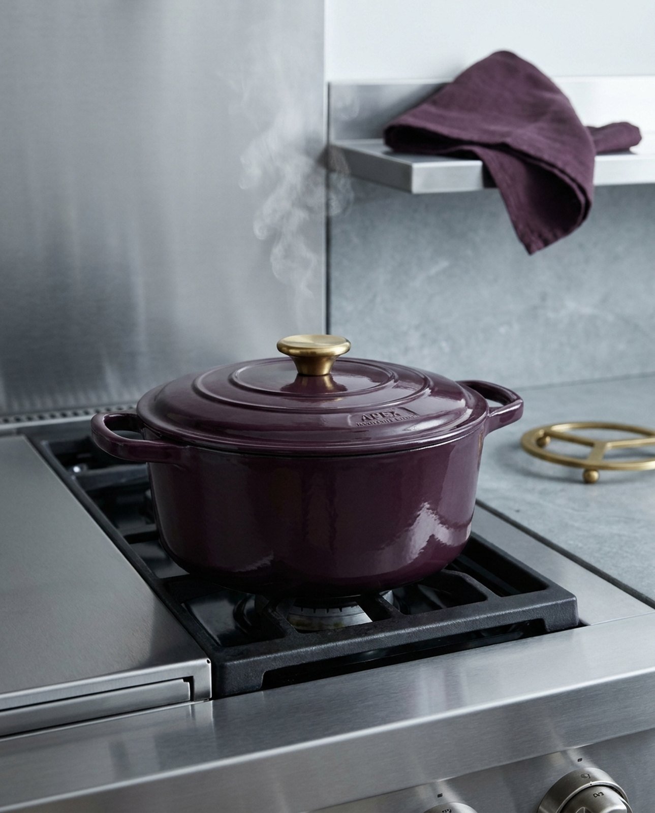 Enameled cast-iron dutch oven on a cool stainless range