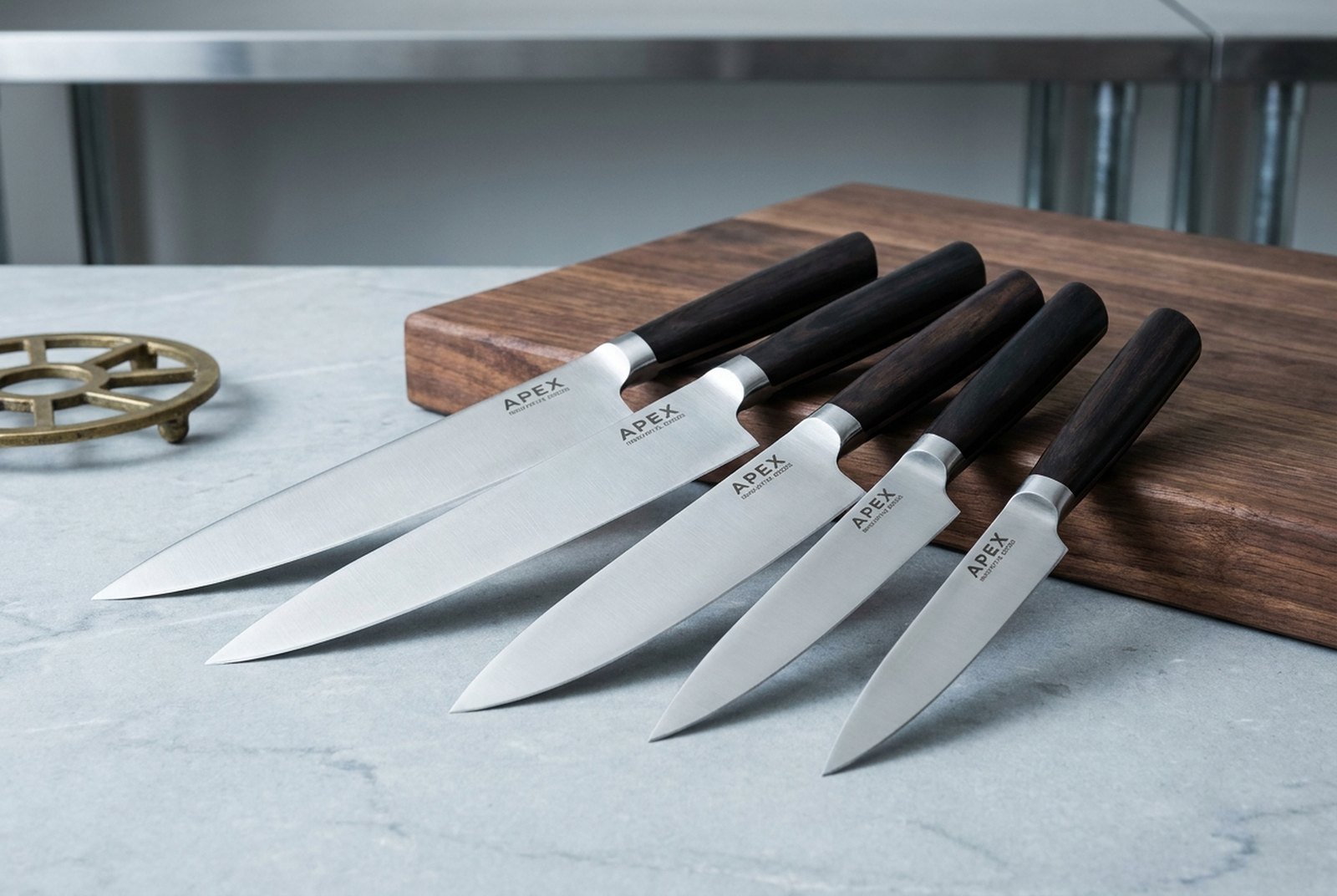 A fan of forged chef and paring knives on honed stone
